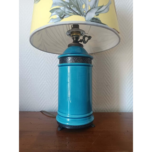 Blue Ceramic Lamp with Claw Feet and Foliage Lampshade, 1960s For Sale - Image 9 of 14