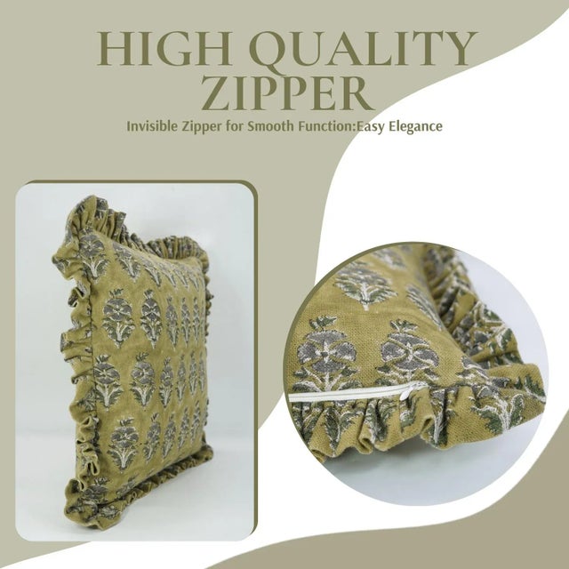 Art Deco Fabdivine Decorative Block Print Frill Cushion Cover Green 18x18 Inch Thick Linen- Mor Mukut For Sale - Image 3 of 5