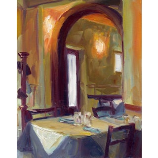 La Trattoria by Pam Ingalls | Oil on Board Interior of a restaurant with a table set for dining. For Sale
