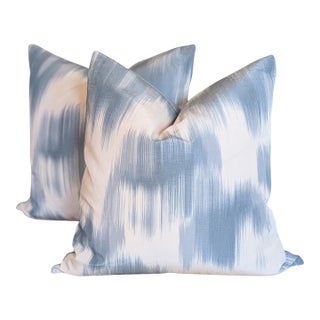Pierre Frey Le Grandiere in Dauphin Blue Flamed Ikat 22" Pillows - a Pair For Sale