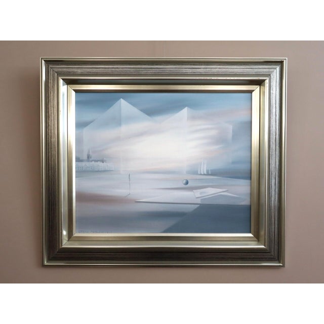 VEILS OF LIGHT Size: 18.9 x 21.9 inches (including frame) Oil on canvas A serene mid-century modern composition that...