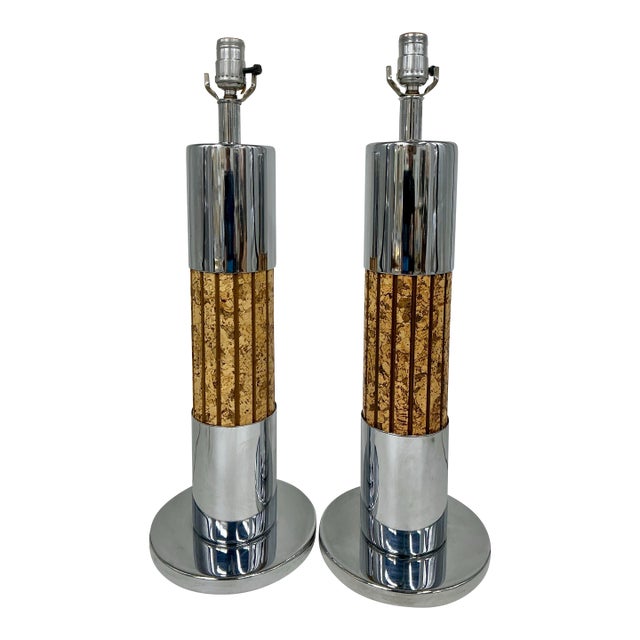Pair of Modernist Polished Chrome and Cork Table Lamps For Sale
