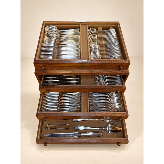 Wood Flatware Set with Ribbons Pattern and Silver-Plated Metal Oak Box from Christofle, 1970s, Set of 133 For Sale - Image 7 of 7