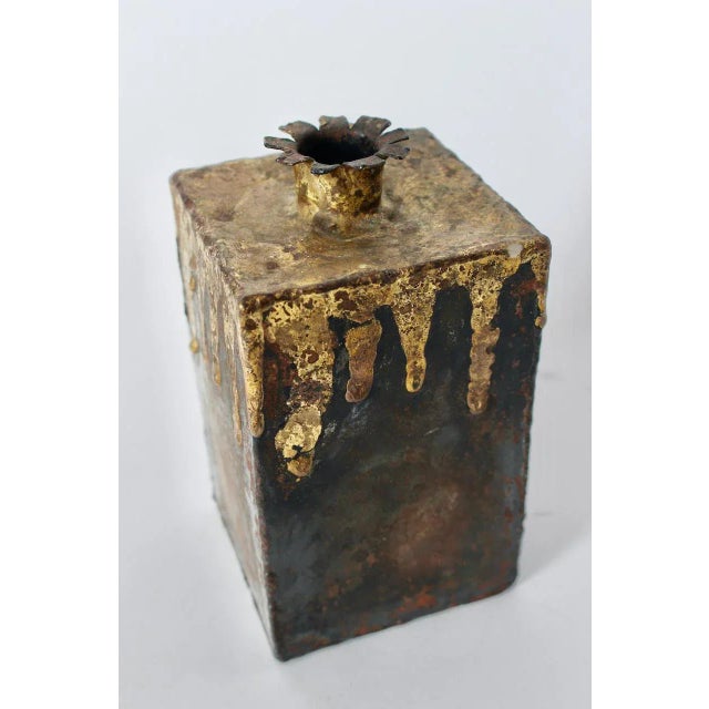 Brass Paul Evans Style Brutalist Iron & Brazed Brass Drip Square Vase, 1970 For Sale - Image 8 of 12