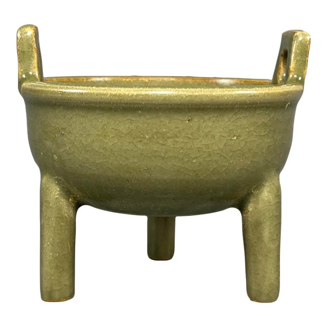 Vintage‑Style Chinese Longquan Celadon Tripod Censer With Two Handles For Sale