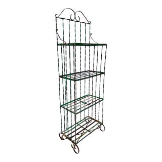 Mid 20th Century Vintage Distressed Green Twisted Wrought Iron Bakers Rack For Sale