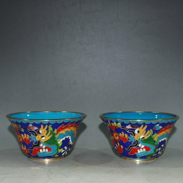 Metal Vintage Cloisonne Enamel Tea Bowls – 3.9" Dragon & Phoenix Cups - Pair For Sale - Image 7 of 9