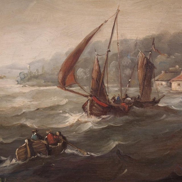 Flemish Artist, Seascape with Boats and Characters, 20th Century, Oil Painting, Framed For Sale - Image 9 of 13