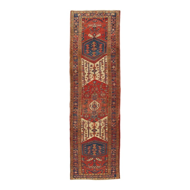 Antique Heriz Northwest Persian Runner, Handmade Rug Navy Blue, Red, Ivory For Sale