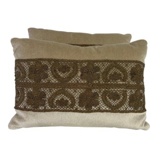 Petite Velvet Pillows With Antique French Metallic Lace For Sale