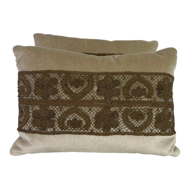 Petite Velvet Pillows With Antique French Metallic Lace For Sale