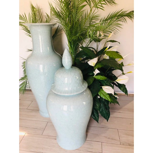Vintage Extra Large Chinese Celadon Crackle-Glazed Altar Vase With Flaring Neck and Matching Ginger Jar- 2 Pieces For Sale - Image 11 of 12
