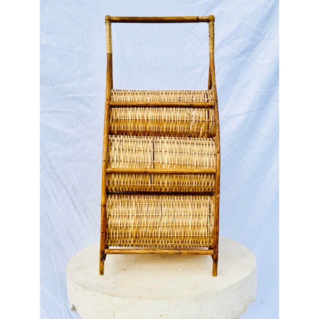 Mid 20th Century Vintage Boho Wicker & Rattan 6-Bottle Wine Rack – Handwoven Mid-Century Holder For Sale - Image 5 of 9