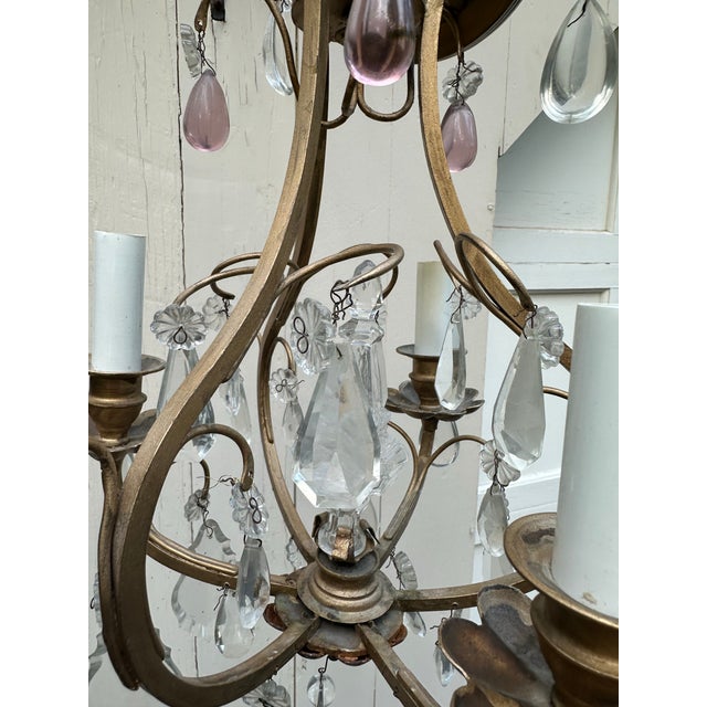American 1930s Petite Brass and Crystal Chandelier For Sale - Image 3 of 7
