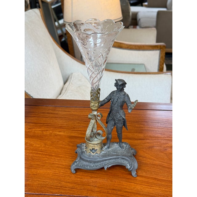 Rococo Revival Figural Spelter and Etched Glass Trumpet Vase, Antique For Sale - Image 4 of 16