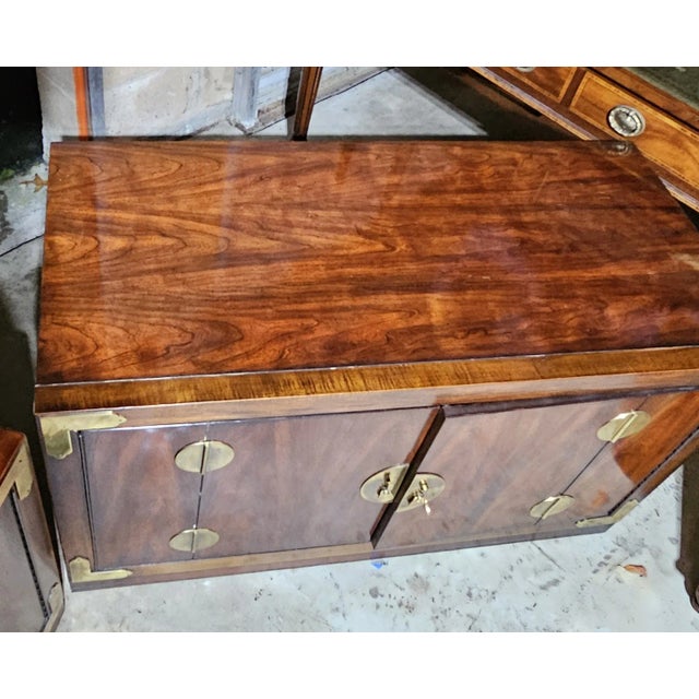 Drexel Heritage Pair of Vintage Drexel Heritage "Et Cetera" Ming Style Campaign Console Cabinets For Sale - Image 4 of 8