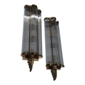 Large Size Pair Vintage 1940s Skyscraper Art Deco Wall Sconces in Brass & Glass Rod Ship Light