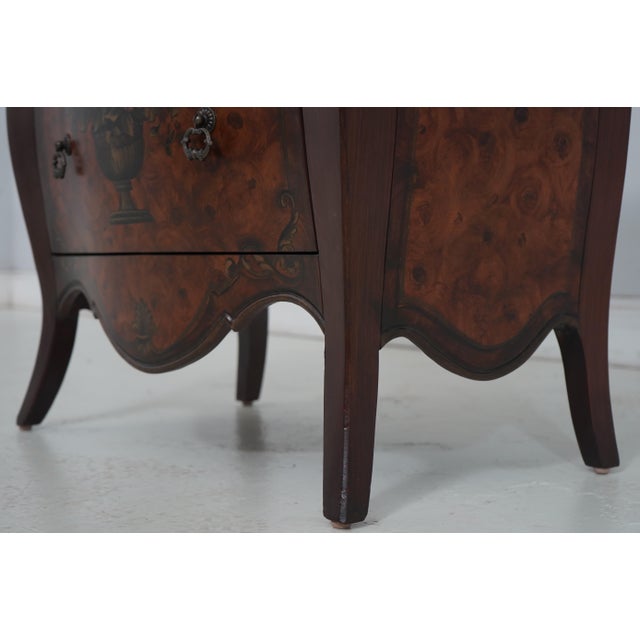 Italian Style Burl Wood Bombe Painted Commode Chest For Sale - Image 10 of 17