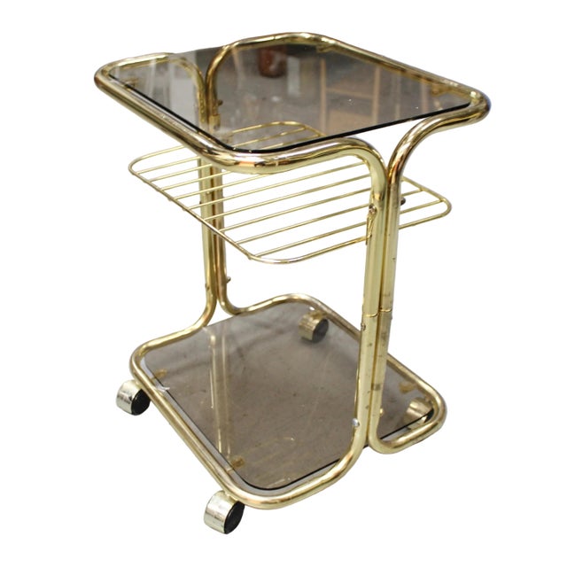 1970s Small Smoked Glass and Brass Table Cart For Sale In Fayetteville, AR - Image 6 of 6