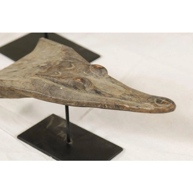 Mid 20th Century Carved Wood Crocodile Head Boat Prows on Stands, Papua New Guinea - Set of 3 For Sale - Image 5 of 11