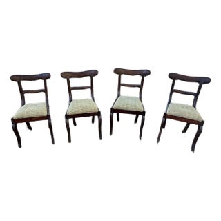 PrimitiveSet of 4 Antique English Regency Mahogany Dining Chairs With Saber Legs, Circa 1820s For Sale