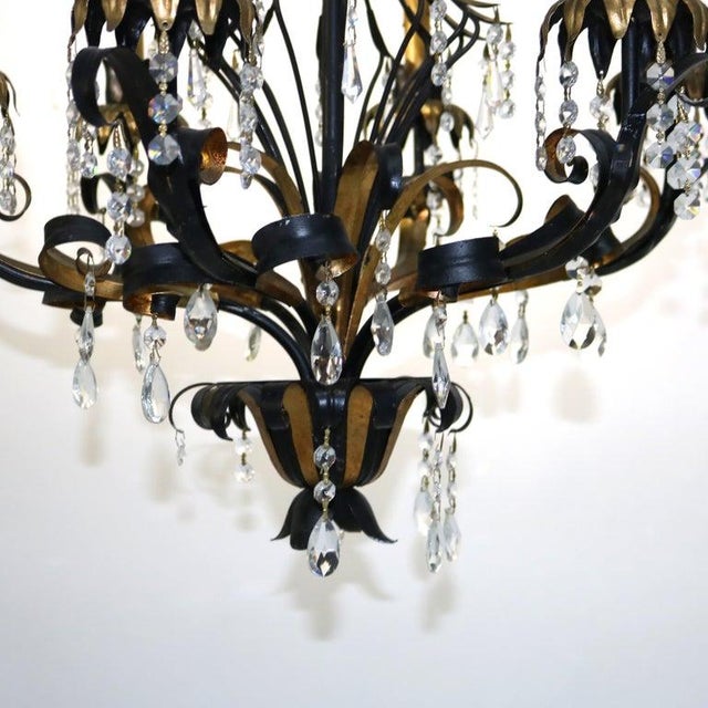Vintage Ebonized & Gold Gilt Six-Light Foliate Form Crystal Chandelier C1940 For Sale - Image 6 of 7