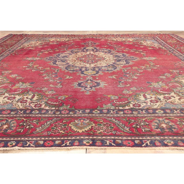 Red Early 20th Century Antique-Worn Persian Tabriz Rug - 09'11 X 12'11 For Sale - Image 8 of 9