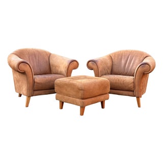Leather Chairs and Ottoman from Andrea Natuzzi, 1995, Set of 3 For Sale
