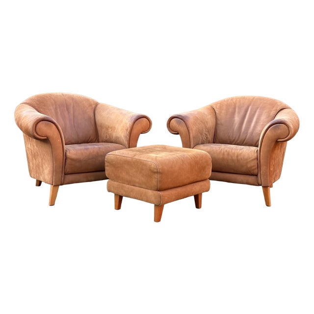 Leather Chairs and Ottoman from Andrea Natuzzi, 1995, Set of 3 For Sale
