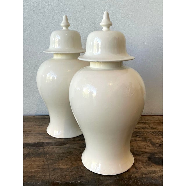 Cream Vintage Glazed Ceramic Lidded Urns - A Pair For Sale - Image 8 of 12
