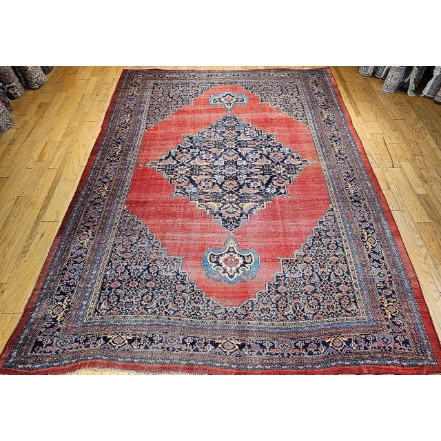 19th Century Oversized Persian Bidjar Rug, Hand-Knotted Wool, Geometric Pattern, Red & Navy, 11x15 For Sale - Image 10 of 18