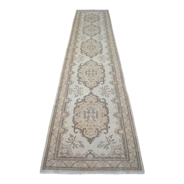 Traditional Oushak Runner Rug Faded Colors Low Pile Distressed Long Runner Rug - 2'9″ X 12'7″ For Sale