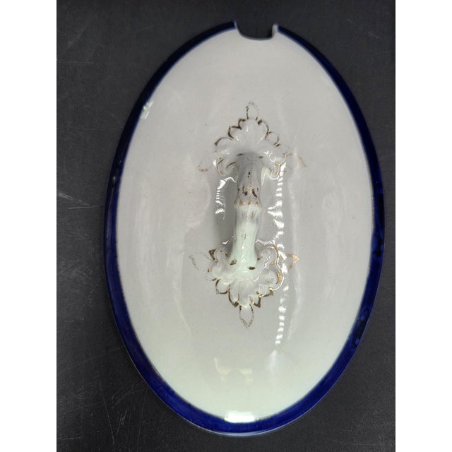 Mid 20th Century Large English Gravy Boat With Cobalt Blue Stripe For Sale - Image 9 of 18