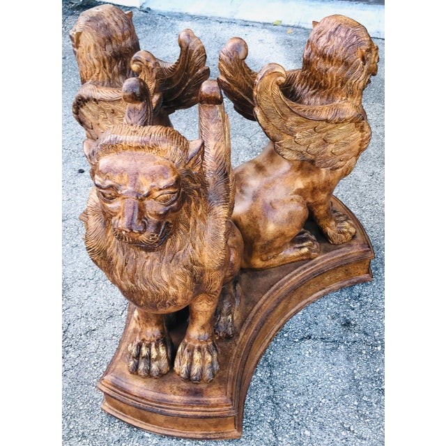 Hollywood Regency 1980s Three Griffins Table Base With Heavy Glass Top For Sale - Image 3 of 9