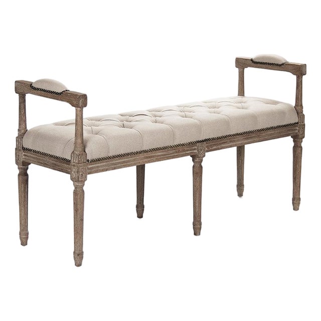 Nicolas Tufted Bench with Armrests - Natural Linen / Limed Grey Oak Frame For Sale