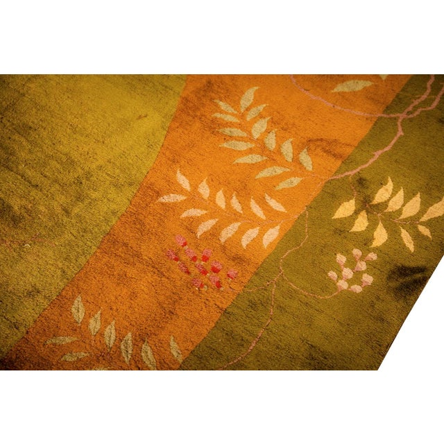 1920s Green Floral Minimalist Knotted Wool Antique Chinese Art Deco Carpet Rug For Sale - Image 9 of 11
