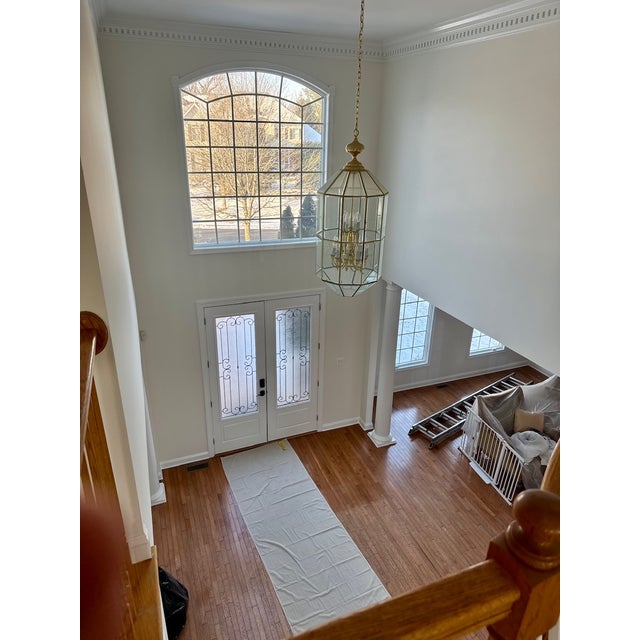 Metal Oversized Brass & Beveled Glass Lantern Foyer Chandelier, C. 2003 For Sale - Image 7 of 7