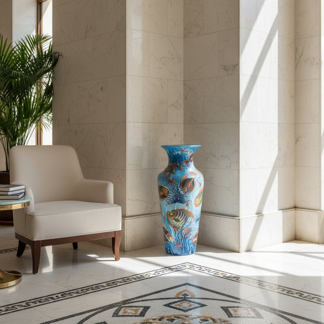Handmade Ceramic Grand Column Vase (50cm) Embossed Aegean Aquarium & Coral Reef Floor Vase For Sale - Image 6 of 10