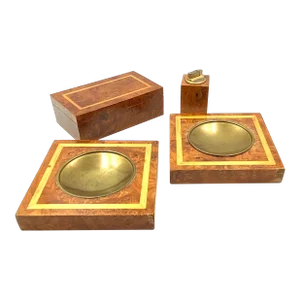 4 Piece Smoking Set in Brass and Wood Ashtrays, Lighter and Cigars Box, Italy 1970