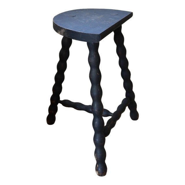 Antique Tripod Stool in Turned Wood with Half-Moon Seat, 1960s For Sale