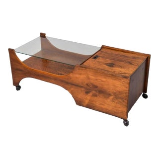 Italian Mid-Century Rosewood Coffee Table With Glass Top and Lift-Lid Storage For Sale