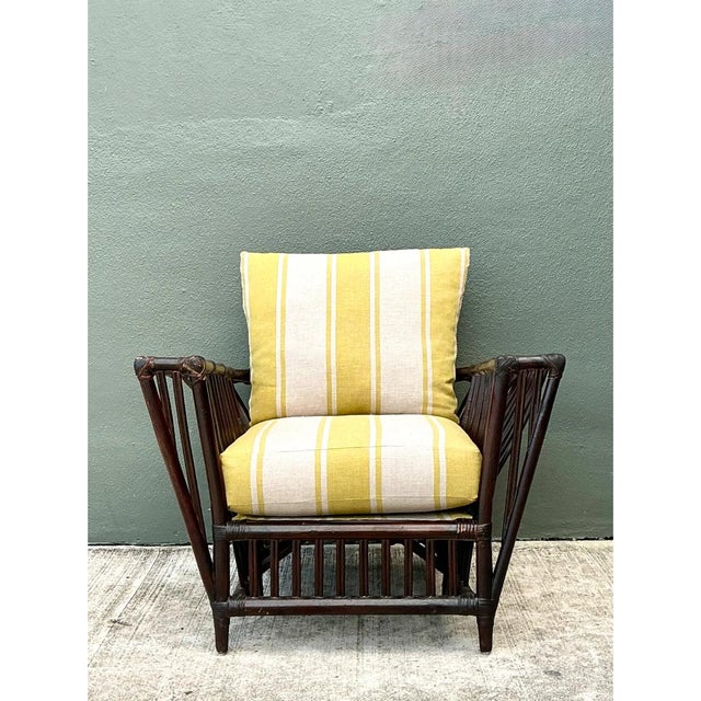 Coffee Vintage Stick Rattan Rattan Lounge Chair in Ralph Lauren Cabana Stripe For Sale - Image 8 of 12