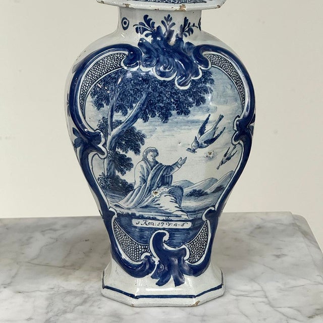 Set of Five 18th Century Dutch Delft Biblical-Themed Garniture Vases For Sale - Image 13 of 18
