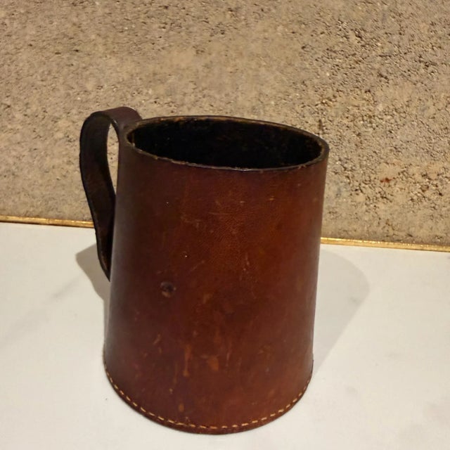 Vintage Leather Bound Cup Holder Tankard Stein Real Hide England For Sale - Image 4 of 11
