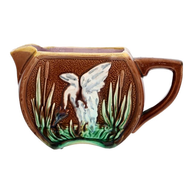 English Majolica Aesthetic Movement Creamer W/Crane For Sale
