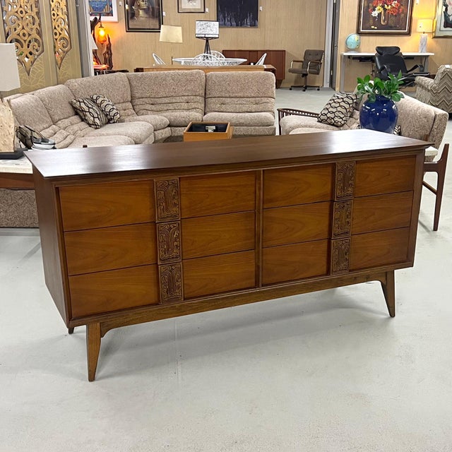 Bassett Aztec low dresser, vintage 1960s. The American made double dresser features six drawers with distinctive Aztec...