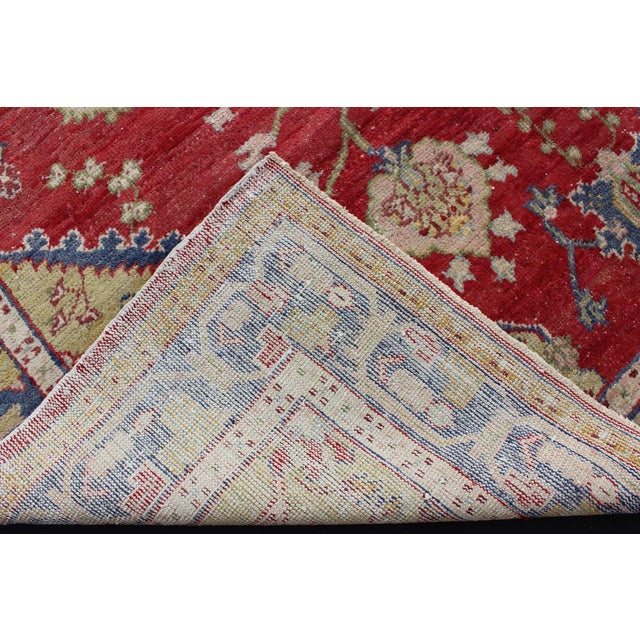 Early 20th Century Antique Turkish Oushak in Yellow Green, Red & Blue With Floral Medallion Design For Sale In Atlanta - Image 6 of 7
