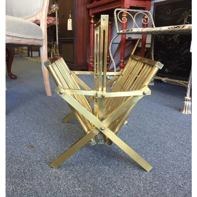 Mid-Century Modern Brass Campaign Style Folding Magazine Stand For Sale - Image 4 of 9