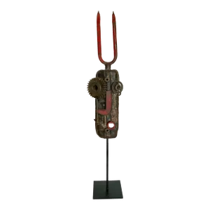 Industrial Modern Tall Red Abstract Mask on Stand Sculpture
