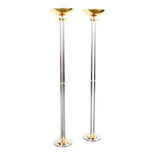 Vintage Hollywood Regency Chrome & Brass Torchiere Floor Lamps - a Pair For Sale